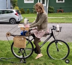 Nevada Tribble on her bicycle-powered sewing machine. 