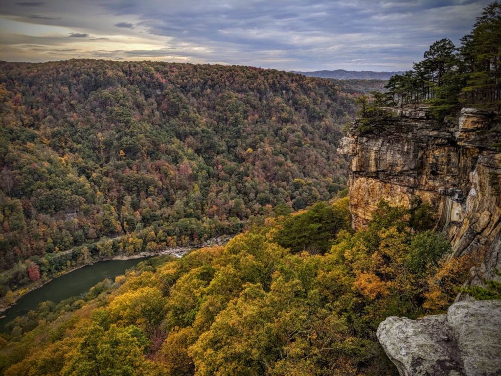 The Appalachian Mountains in the New River Gorge along the Endless Wall cliffs. With fall leaves (red, yellow, orange) on the trees above and the dark, winding river below. 