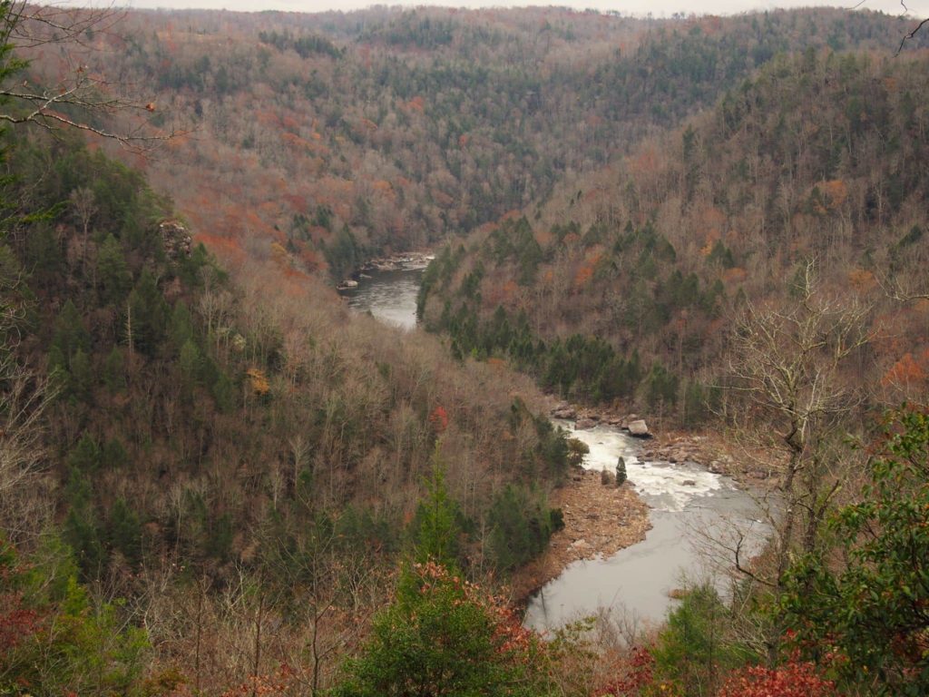 A view of the Gauley River from Carnifex Ferry State Park. The leaves are off the trees. 