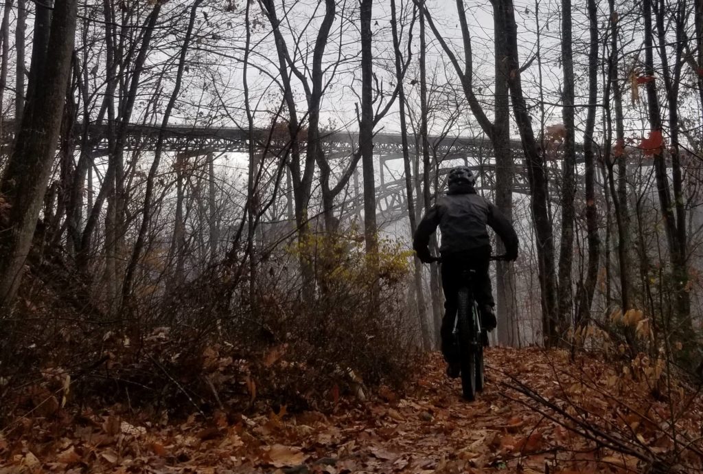 Mountain biking on the Kaymoor Trail in the New River Gorge in the wintertime. 