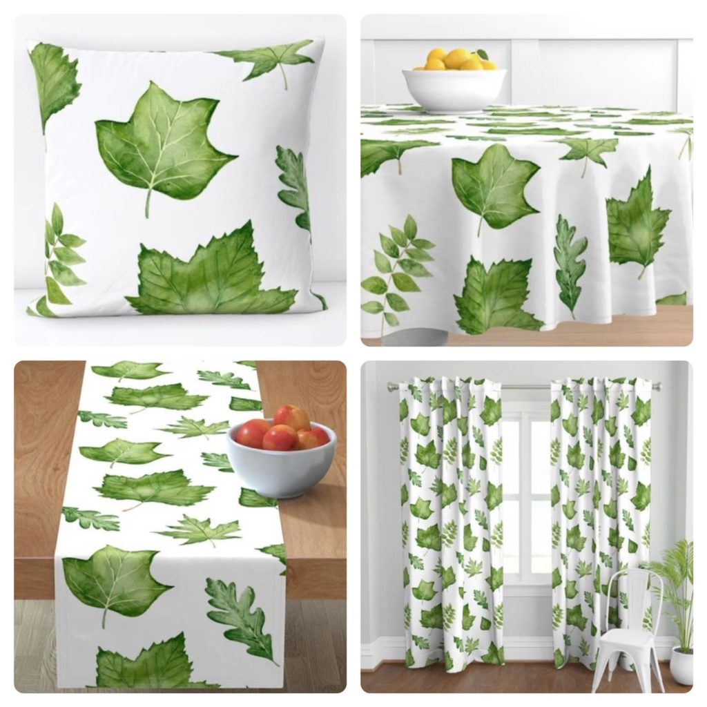Many home decor items are available in the WV Native Leaves pattern on the website Spoonflower.