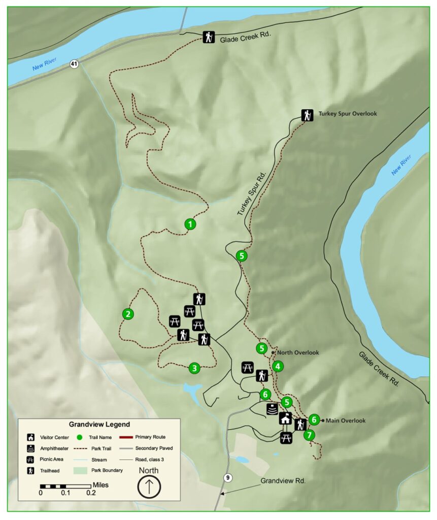 The National Park Service trail map of the Grandview section of New River Gorge National Park. Seven trails are marked and labeled. 