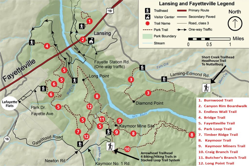 A colorful map of the Lansing/Fayetteville area of the New River Gorge National Park and Preserve. It contains 12 marked trails and two additional trailheads (Arrowhead and Short Creek).
