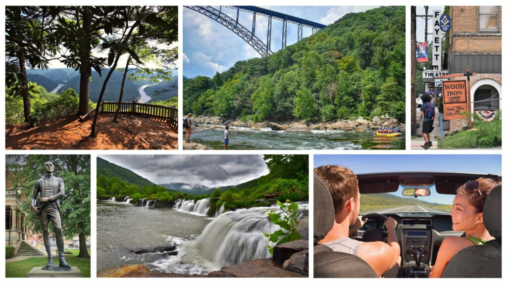 A collage of New River Gorge activities and locations included in the itinerary including Grandview Overlook, the New River Gorge Bridge with a raft underneath, downtwon Fayetteville, the statue of Lafayette, Sandstone Falls and a couple in a car on a roadtrip. 