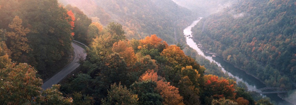 A view from above of the New River Gorge with Fayette Station Road on the left and the New River on the right. 