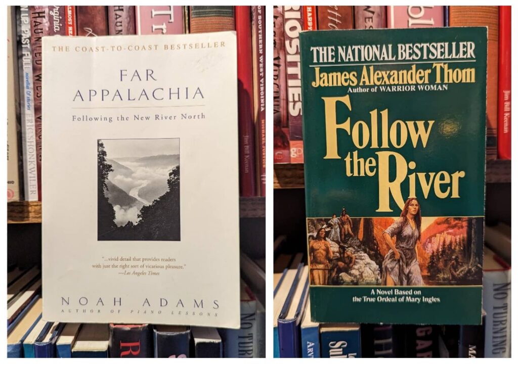 A white book entitled, "Far Appalachia" and a green book entitled, "Follow the River" sitting on a bookshelf.