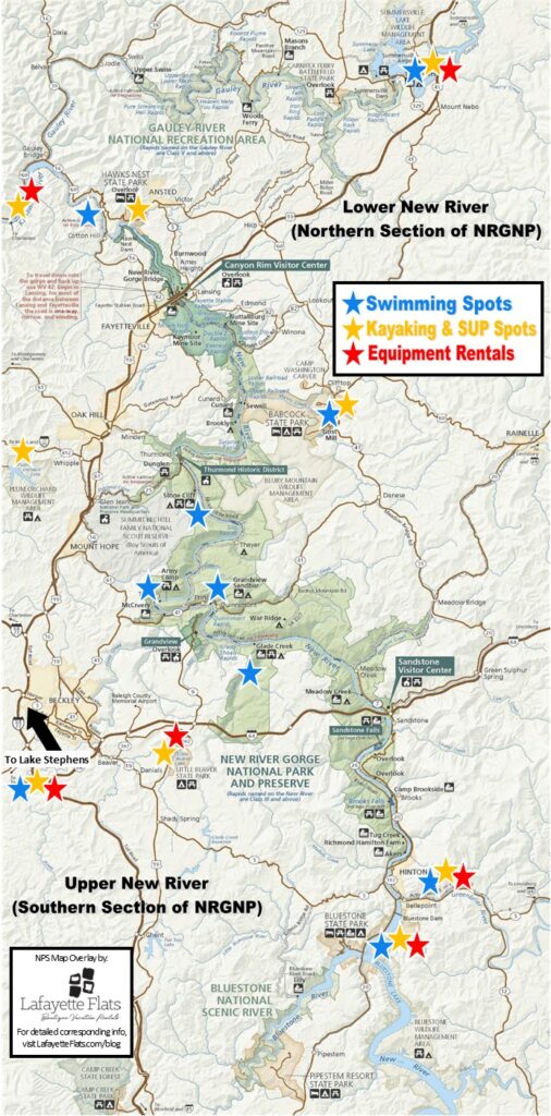 A large map of New River Gorge National Park and the surrounding area.  Swimming spots are marked with a blue star. Kayaking and SUP spots are marked with a yellow star. Equipment rentals are marked with a red star. 