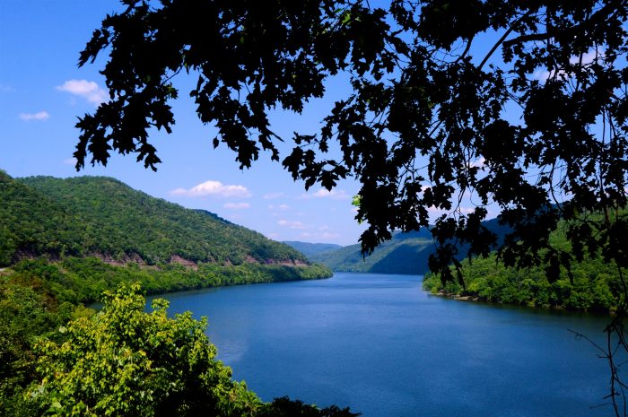 The bright blue water of Bluestone Lake just south of New River Gorge National Park. 