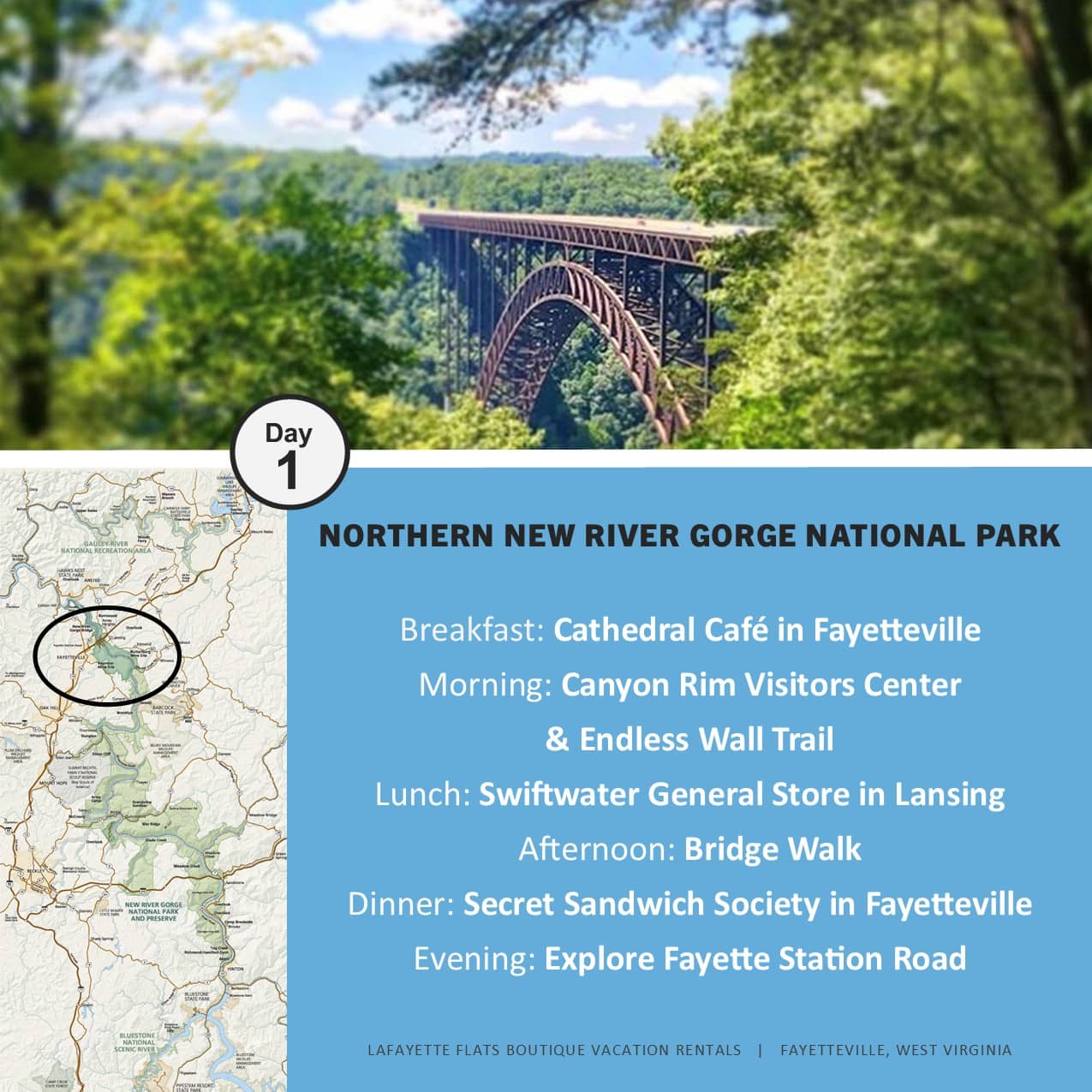 Northern New River Gorge National Park - the New River Gorge Bridge surrounded by green trees.