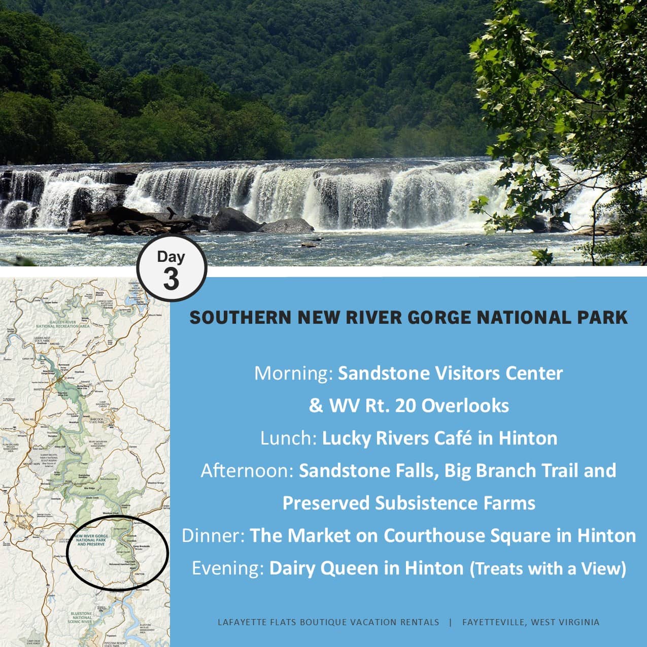 Southern New River Gorge National Park - Sandstone falls with green mountains in the background.