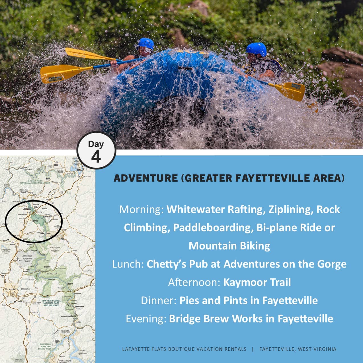 Adventure (Greater Fayetteville Area) - rafters in blue helmets with yellow paddles in the whitewater rapids.